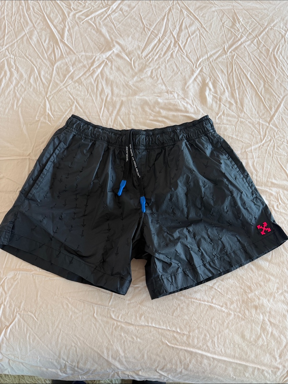Off White, Black Athletic Swim Shorts with Pink Logo, new without tags.